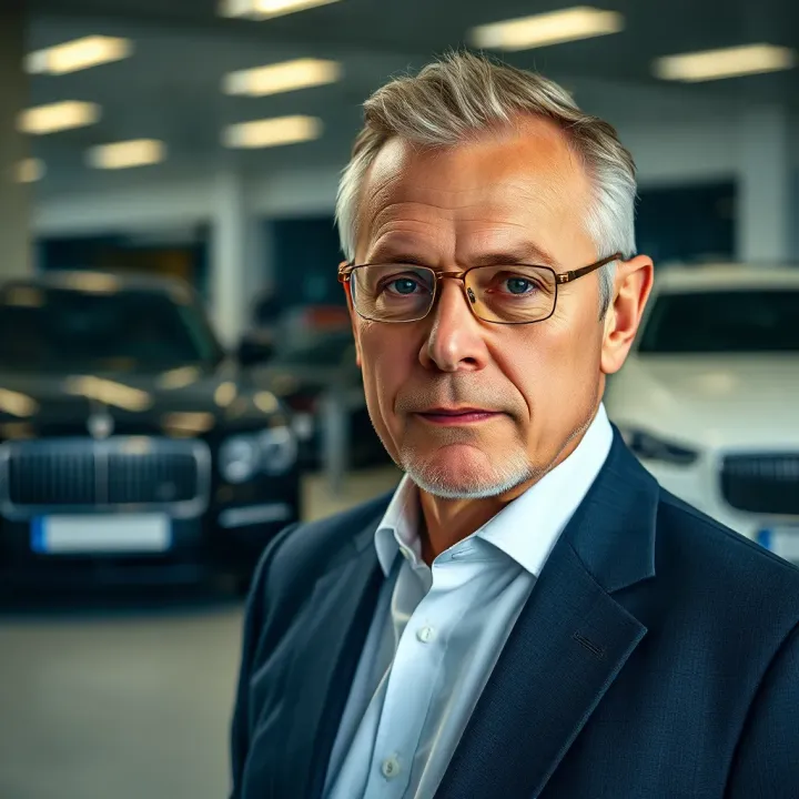 Portrait of Stefan Quandt in a formal setting with a backdrop of luxury vehicles