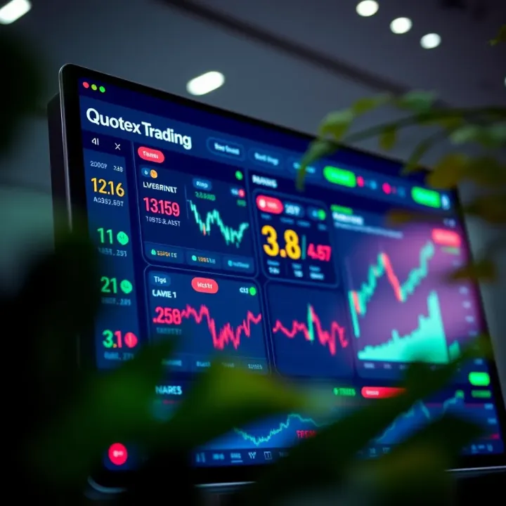 Dashboard interface showing various trading instruments and real-time market data on Quotex platform