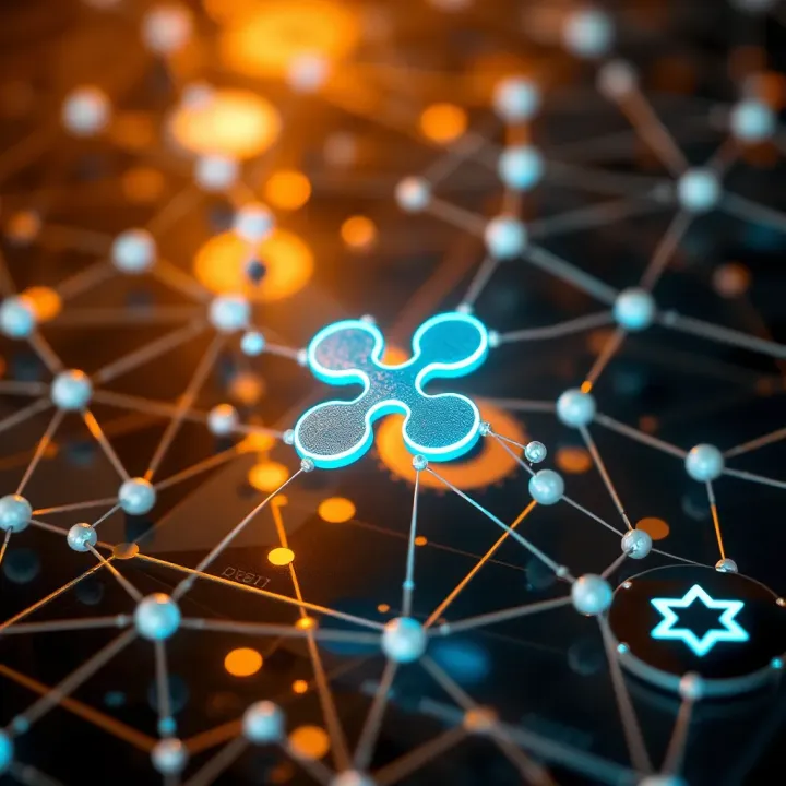 Conceptual visualization of blockchain technology with interconnected nodes representing Ripple network