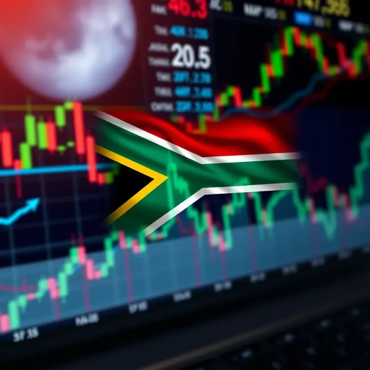 South African flag overlay with financial charts representing local trading conditions