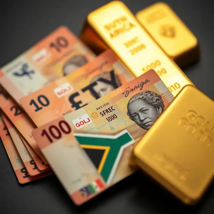 South African currency notes beside gold bars reflecting local economic impact on gold prices