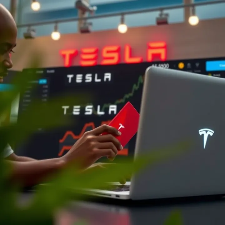 Accessing Tesla Shares from South Africa Through Online Platforms South African investor using laptop to access online platform for Tesla shares