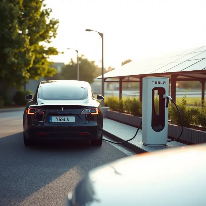 Tesla electric car charging at a solar-powered station in a green urban environment