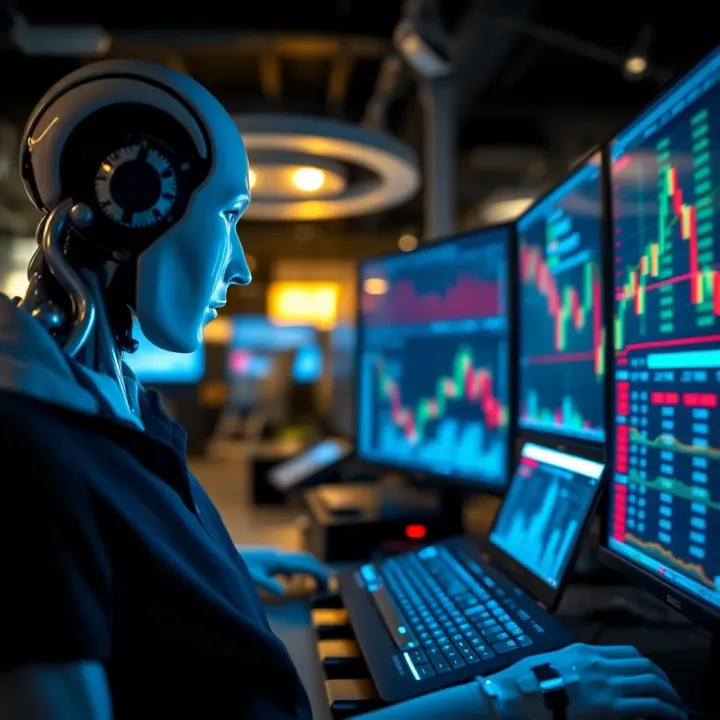 Operation of Automated Trading Robots in Financial Markets Digital interface displaying automated trading software executing financial market transactions