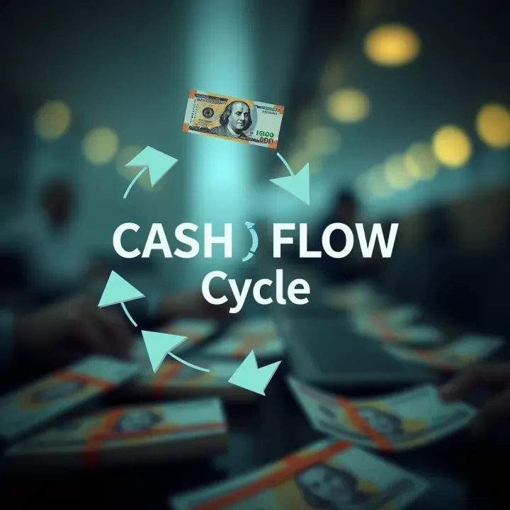 Illustration of cash flow cycle with arrows and South African rand notes symbolizing money movement
