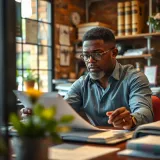 Local small business owner reviewing financial documents at a desk in Ngcobo