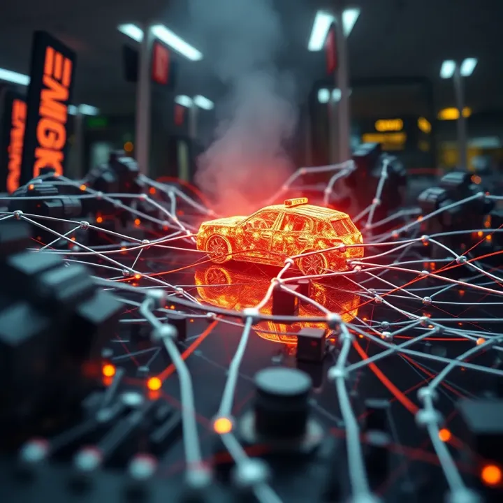 Illustration showing a complex network of interconnected systems experiencing abrupt breakdowns