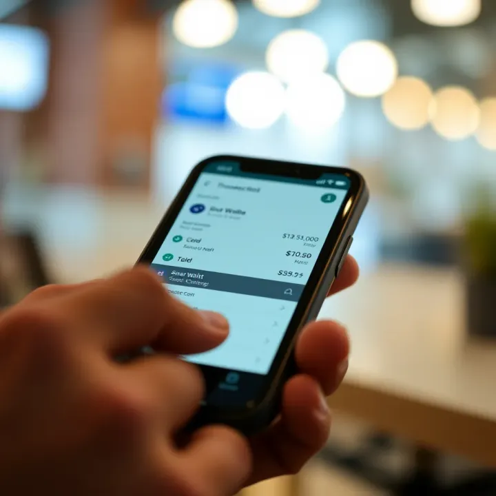 Digital Wallet Interface Showing Transaction Details Close-up of a smartphone displaying a digital wallet app interface with transaction details visible