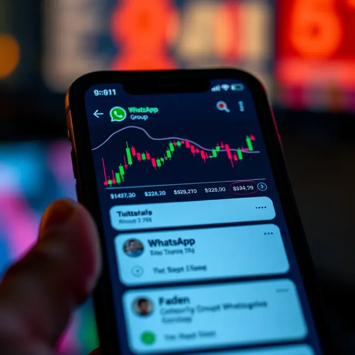 Mobile phone screen displaying forex trading charts and notifications from a WhatsApp group