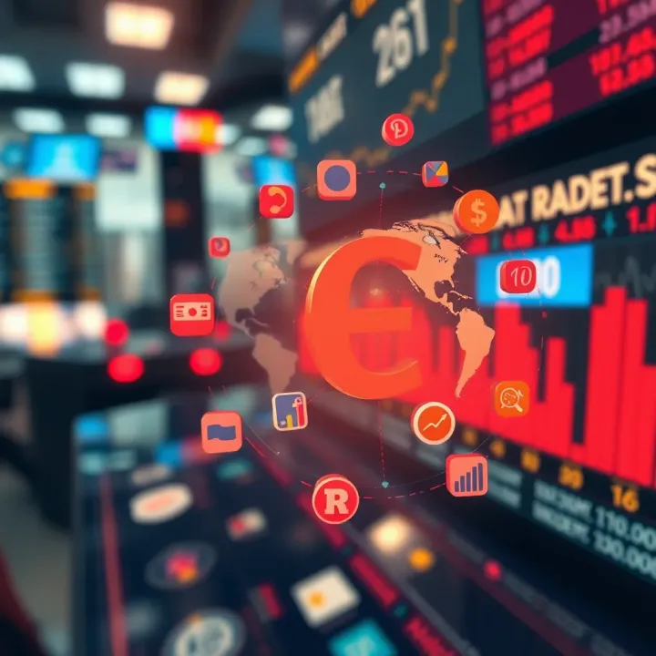 Conceptual illustration of forex indices symbol surrounded by global market icons