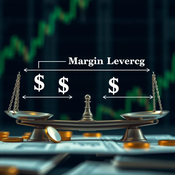 Diagram illustrating the concept of margin and leverage in forex trading with currency symbols and balance scales