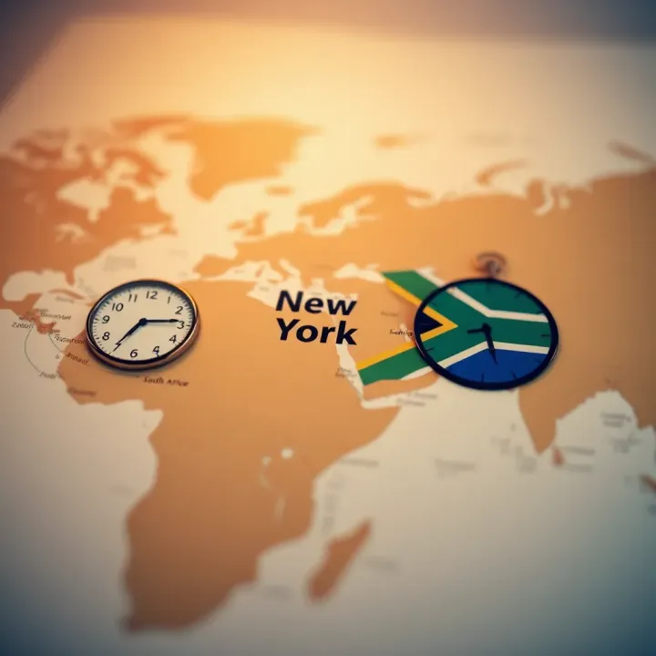 World map highlighting New York and South Africa with clock symbols showing time difference