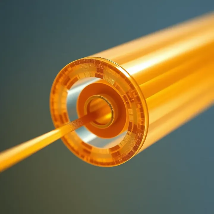 Cross-sectional view of an optical fibre showing core and cladding with distinct refractive indices