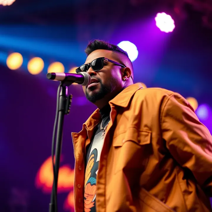 Ref Wayne performing on stage with vibrant colorful lights in the background
