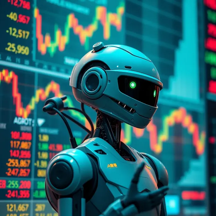 Robot Engaged with Financial Market Indicators Conceptual representation of a robot interacting with financial charts and market indicators