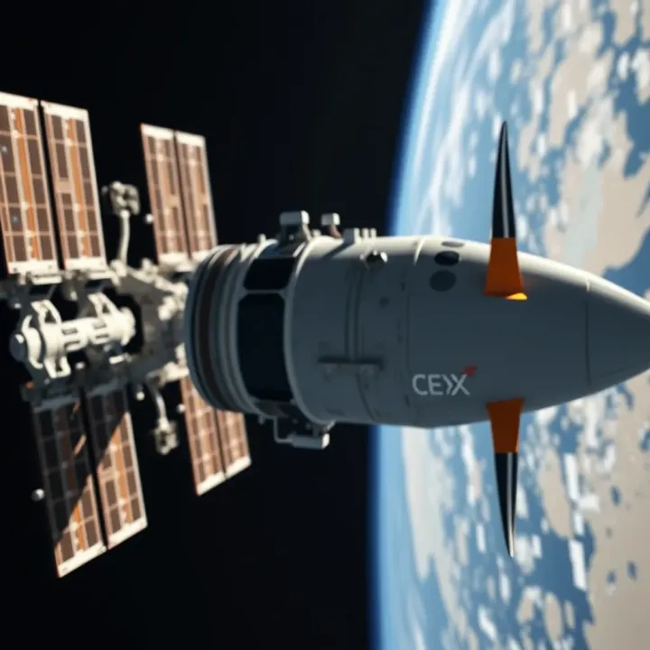 Crew Dragon Capsule Docked at the Space Station Crew Dragon capsule docked to an orbiting space station