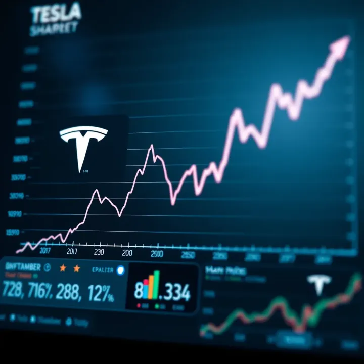 Graph showing the upward and downward trends of Tesla share price over recent years