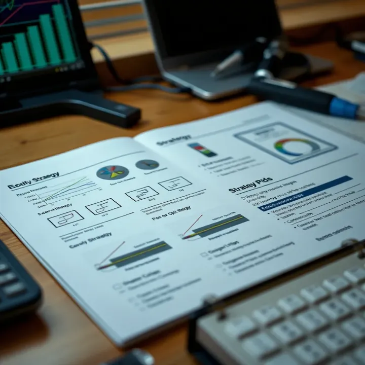 Reviewing Strategy Documents for Fiber Optic Applications Open technical document displaying diagrams and notes related to fiber optic cable strategies on a desk