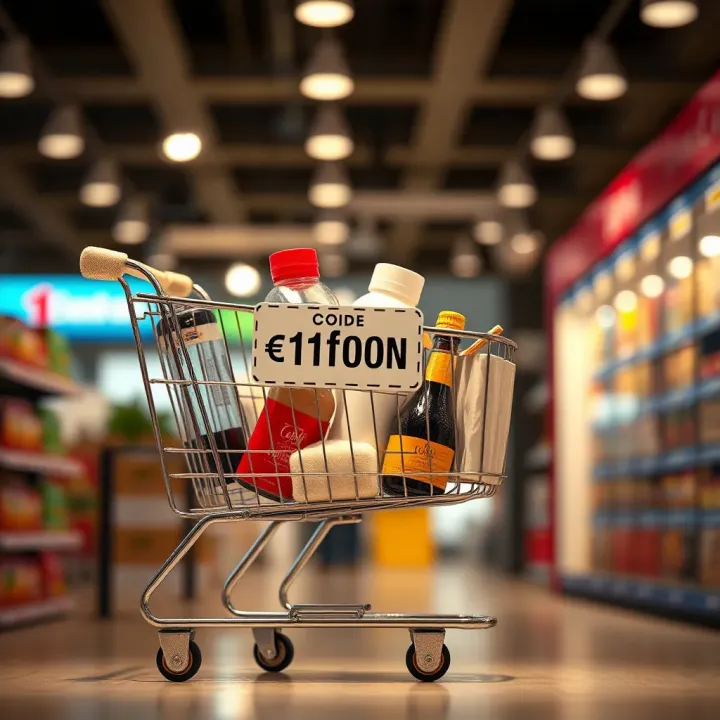 Shopping cart filled with products and a digital coupon code overlay